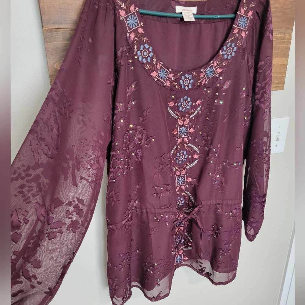 Sundance Burgandy Burnt Velvet Embroidered Sequence Tunic Blouse Size XL - Picture 2 of 8